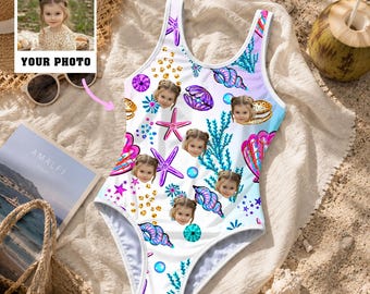 Custom Face Ocean Kids Swimsuit, Personalized Beach Bathing Suit, Sea Life Toddler Swimwear, Nautical One Piece, Summer Vacation Outfit