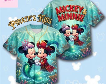 Mickey Minnie Pirate's Kiss Jersey, Disney Cruise Baseball Shirt, Pirate Mickey Mermaid Minnie Outfit, Family Vacation Matching Jersey