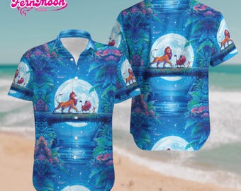 Disney Lion King Hawaiian Shirt, Simba Moonlight Scene Button Up, Disney Family Vacation Beach Shirt
