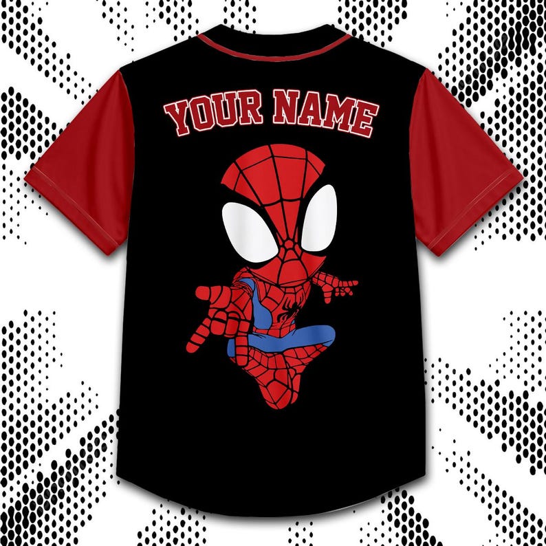 A black and red t-shirt with a Spiderman graphic and the text "YOUR NAME" printed on the back.