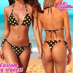 May include: A two-piece bikini set with a brown base and white polka dots. The top is a halter style, and the bottoms are tie-side. The image also includes the text "Custom any request" in pink.