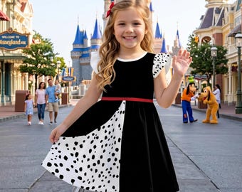 Cruella De Vil Inspired Girls Dress, 101 Dalmatians Dress, Disney Villain Fashion Outfit, Black White Dalmatian Kids Dress