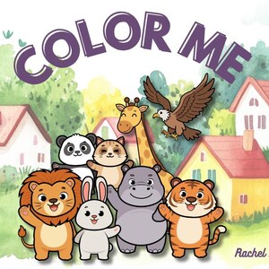 Op de afbeelding: Een kleurrijke illustratie met de tekst "COLOR ME" boven een groep cartoon dieren, waaronder een leeuw, panda, giraffe en tijger. De achtergrond toont huizen en bomen, met de naam van de kunstenaar onderaan.