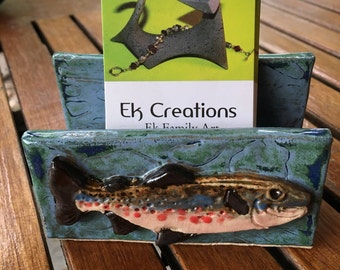 Brook Trout business card or note holder in stoneware with textured river background. Ek Creations Design.