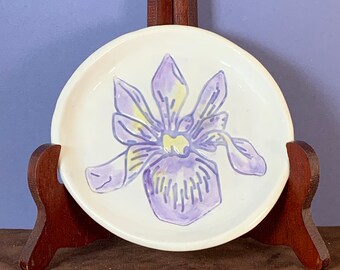 Purple Iris ring dish hand painted to highlight the details and perfect for jewelry, soap dish, coaster or a snack.