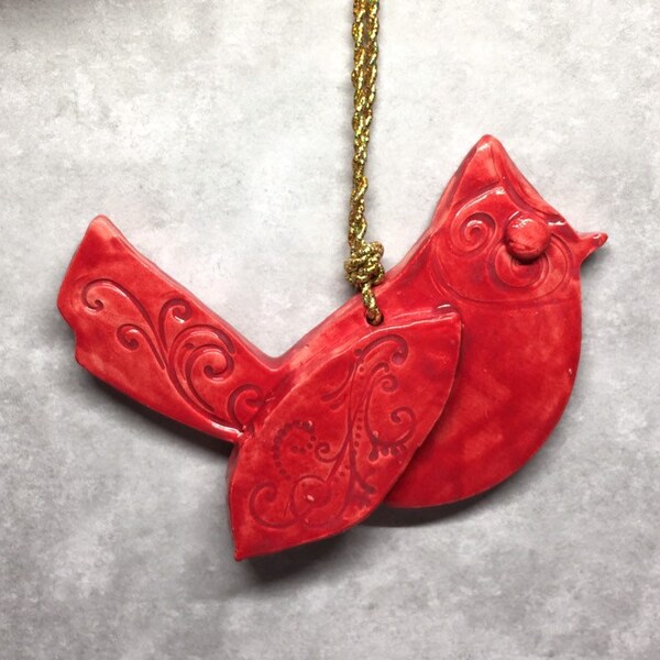 Red Bird ornament. Elegant addition to any tree. Design exclusive to Ek Creations.
