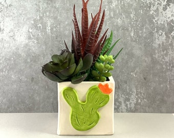 Whimsical Cactus Cube.  Dark Blue inside, White out. Use as a Planter or Organizer for your desk, patio or windowsill.