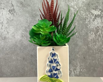 Bluebonnet on Square bottom planter.  Green color inside, White out. Use as a Planter or Organizer for your desk, patio or windowsill.