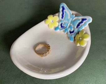 Butterfly dish with lovely crystals on spring flowers. Use to hold rings, kitchen sponge, keys and more. Handmade pottery.