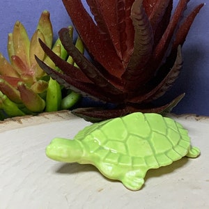 Small Turtle Lime Green. Retro Ceramic. Fits nicely in a planter, terrarium, nook or beta tank. Too cute. Made from 1960's mold. image 1