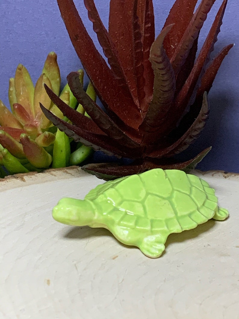 Small Turtle Lime Green. Retro Ceramic. Fits nicely in a planter, terrarium, nook or beta tank. Too cute. Made from 1960's mold. image 1