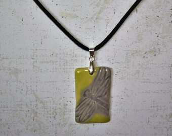 Dragonfly green and lavendar stoneware pendant (with silk necklace) handmade by EkCreations