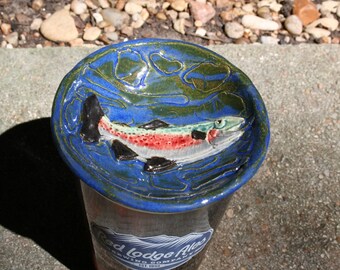 Rainbow Trout Dish in stoneware with textured river background. Keep those pests out of your drink! Ek Creations Design.