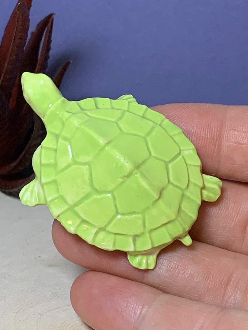 Small Turtle Lime Green. Retro Ceramic. Fits nicely in a planter, terrarium, nook or beta tank. Too cute. Made from 1960's mold. image 4