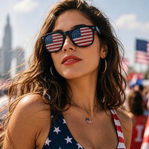 Op de afbeelding: Zwarte zonnebril met het Amerikaanse vlagontwerp op de glazen. De persoon draagt een blauw-witte top met sterrenpatroon en een gouden ketting met een Amerikaanse vlaghanger. De achtergrond bevat vlaggen en een skyline.