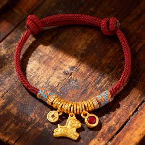 Op de afbeelding: Een rood koordarmband met goudkleurige bedels. De bedels omvatten een munt, een paard en een rode edelsteen. De armband heeft blauwe en oranje accenten in de buurt van de gouden bedels. De armband wordt gepresenteerd op een houten oppervlak.