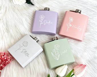 Petaca personalizada con la flor de nacimiento, petaca con nombre personalizado para mujer, petaca de regalo para damas de honor, petaca de acero inoxidable de 177 ml, petaca para la fiesta nupcial.