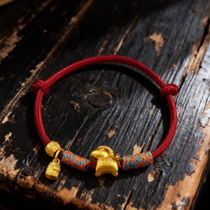 May include: Red cord bracelet with gold-colored horse and charm accents. The bracelet features a gold horse charm and a small rectangular charm with Chinese characters. The cord is red with blue, orange, and gold accents.