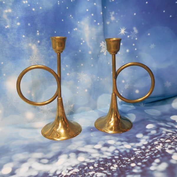 2 Large Vintage Brass Horn Candle Holders  Made in India