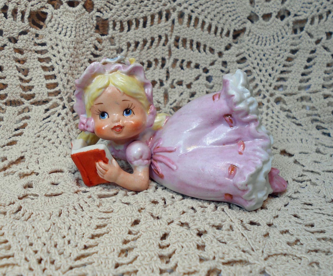 Vintage Girl in Pink Reading Book Ruffled Dress Numbered on Bottom - Etsy
