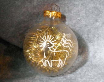 Vintage Austria Clear Ball Ornament with Tinsel and Designs 3"