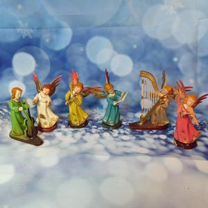 6 Vintage Plastic Angel Musicians Hand Painted