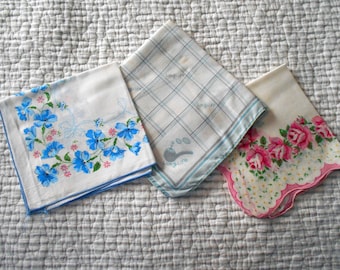 3 Vintage Hankies Blue Floral Pink Roses and Long Life Pipe Hanky