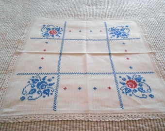 Vintage Cross Stitched Blue Red and White Square Doil 24 Inches Square