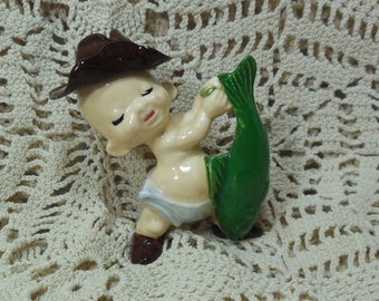 Vintage Baby with Fish Figurine  So Cute