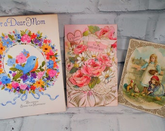 3 Vintage Greeting Cards Bluebirds Mom Valentines and Vintage Children with Chickens 1911