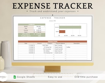 May include: A computer monitor displays an expense tracker spreadsheet. The screen shows a summary of income and expenses, along with a transaction log. Text at the top reads "EXPENSE TRACKER". The bottom of the screen has the text "Google Sheets", "Easy to use", and "One time purchase".