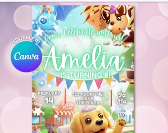Pet Adoption Birthday Invitation | Block Character Video Game Party, Editable Canva Template (Digital Download)