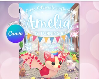 Pet Adoption Birthday Invitation Featuring an Adorable Strawberry Dragon | Video Game Party, Editable Canva Template (Digital Download)