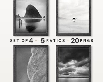 Black and White Beach Photography Print, Ocean Wall Art Digital Download, Vintage Film Surf Photo, Coastal Landscape, Monochrome Beach Art