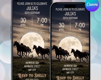 Digital Text Invitation | Nostalgic Wild Mustangs Moon Social Post Birthday Invite | Unbridled Since Custom Birth Year | Canva Template