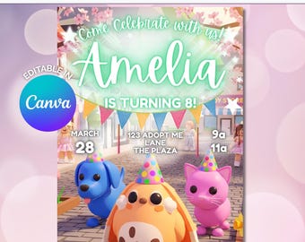 Pet Adoption Birthday Invitation Featuring An Ultra Rare Pet | Video Game Party, Editable Canva Template (Digital Download)