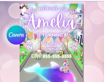 Pet Adoption Neon Dolphin Birthday Invitation | Block Character Vide Game Party, Editable Canva Template (Digital Download)