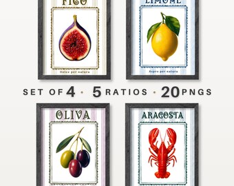 Italian Kitchen Art Set of 4 Printable - Lemon Olive Lobster Fig Wall Prints - Mediterranean Grandmillennial Decor - Digital Download