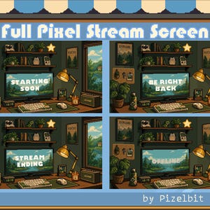 Könnte beinhalten: Pixel-Art-Stream-Bildschirme mit den Nachrichten "Starting Soon", "Be Right Back", "Stream Ending" und "Offline". Jede Szene zeigt einen Schreibtisch mit Computer, Tastatur und Lampe. Entworfen von Pizelbit.