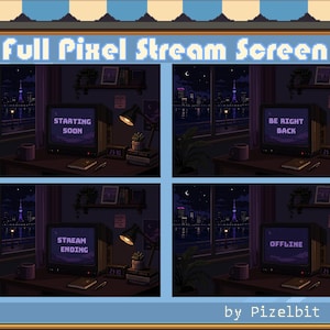 Puede incluir: Pantallas de transmisión de píxeles con texto: "Starting Soon", "Be Right Back", "Stream Ending" y "Offline". Cada pantalla muestra un escritorio con un televisor retro, una lámpara, libros y una vista nocturna de la ciudad. Diseñado por Pizelbit.