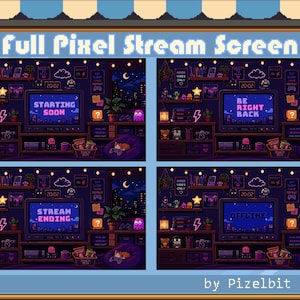 Puede incluir: Pantallas de transmisión de píxeles con mensajes como "Starting Soon", "Be Right Back", "Stream Ending" y "Offline". Cada pantalla muestra una habitación acogedora con estanterías, un televisor y un gato en un puf. El texto "Full Pixel Stream Screen" está en la parte superior.