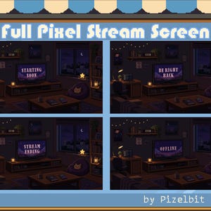 Op de afbeelding: Pixel art stream schermen met gezellige kamerscènes. Elk scherm toont verschillende berichten: "Starting Soon", "Be Right Back", "Stream Ending" en "Offline". De schermen tonen een bureau, een bank, een raam en een katvormige zitzak.