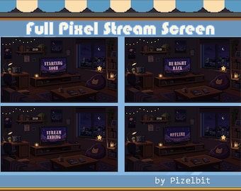 Retro Pixel TV Room Stream Screen Pack | Animated Scenes | Starting Soon | BRB | Stream Ending | Offline (Digital Download)