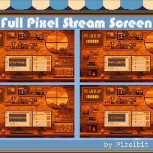 Peut inclure: Illustration en pixel art d'un espace de travail de streamer avec quatre affichages d'écran différents. Les écrans affichent les messages "starting", "be right back", "stream ended" et "offline". L'arrière-plan comprend un mur de briques, une fenêtre et divers objets de bureau.