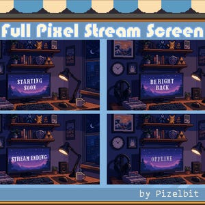 Op de afbeelding: Pixel art stream scherm met vier verschillende weergave-opties: "Starting Soon", "Be Right Back", "Stream Ending" en "Offline". Elke scène toont een bureau met een computer, koptelefoon en een mok, allemaal in een gezellige, gepixelde kamer.