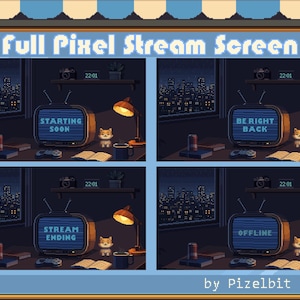 May include: Pixel art stream screen with four different scenes: "Starting Soon", "Be Right Back", "Stream Ending", and "Offline". Each scene features a retro TV, a Shiba Inu figurine, a desk lamp, and a cityscape view.