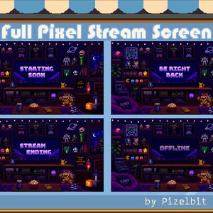 May include: A digital graphic set titled Full Pixel Stream Screen by Pizelbit, featuring four pixel art scenes of a gaming room with purple lighting. The screens display the text Starting Soon, Be Right Back, Stream Ending, and Offline.
