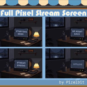 Paquete de pantallas Cozy Night Pixel para Twitch / Comenzando pronto, Vuelvo enseguida, Fin de la transmisión, Sin conexión / GIF animado