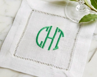 Monogram Cocktail Napkins Linen | Custom Initials Bar Cart Decor | Wedding Hostess Gift Set of 4, 6, 8, 12