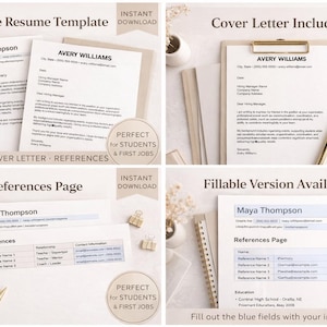 Puede incluir: Un conjunto de plantillas de currículum vitae editables, carta de presentación y página de referencias. Los documentos son de estilo minimalista con el texto "Plantilla de currículum vitae editable", "Carta de presentación incluida", "Página de referencias" y "Versión rellenable".